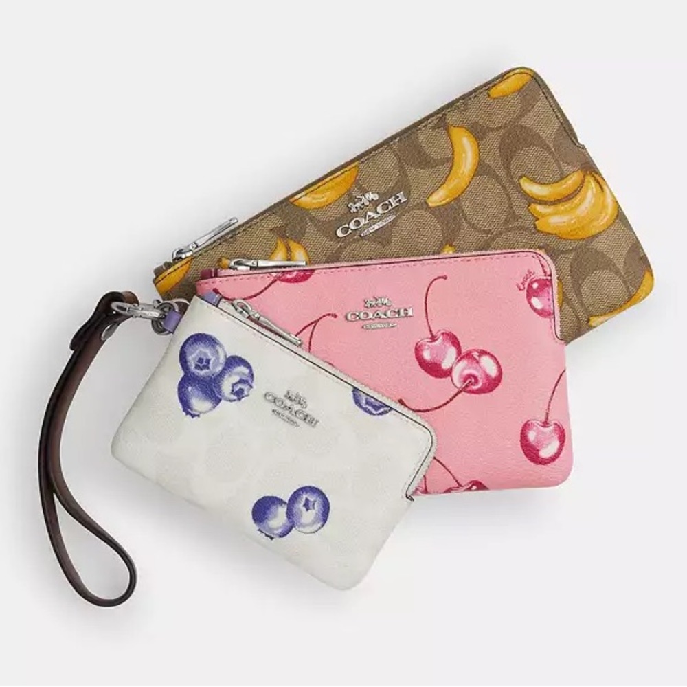NWT Coach Corner Zip Trio In Signature Canvas w/ Fruit Print, Multicolour